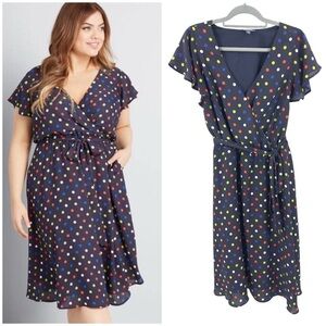 ModCloth Fits Of Bliss Tie Waist Dress Womens Size 1X Blue Polka Dot Faux Wrap